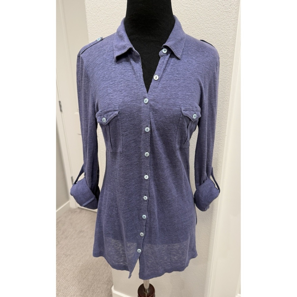 Gerard Darel Women's 100% Linen Button-Down Blue Purple Shirt Roll tab Sleeves M
